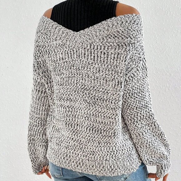Grey Casual Women's Two Tone Cold Shoulder 2 In 1 Sweater - Picture 3 of 5